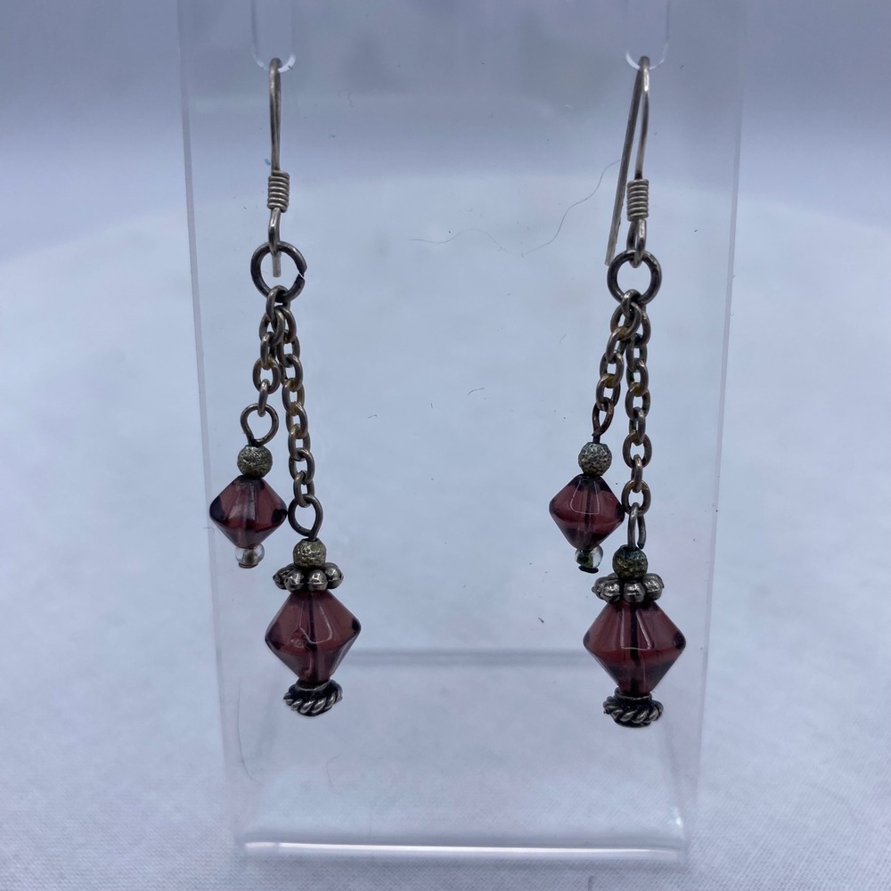 Purple Glass Beaded Tiered Chain Dangle Earrings Silver Tone Boho Goth Victorian